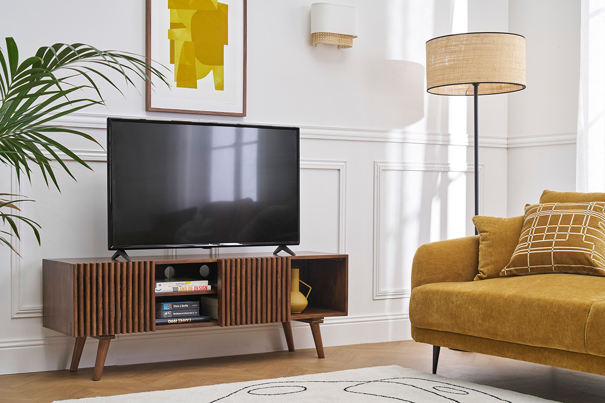 TV-Mbel aus dunklem, massivem Mangoholz mit Schiebetren B140 cm ALBA