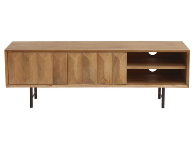 TV-Möbel aus hellem massivem Mangoholz mit Relief und schwarzem Metall B120 cm AGRA