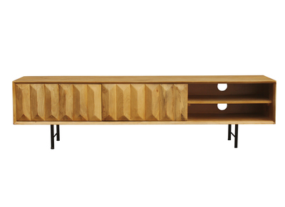 TV-Möbel aus hellem massivem Mangoholz mit Relief und schwarzem Metall B160 cm AGRA