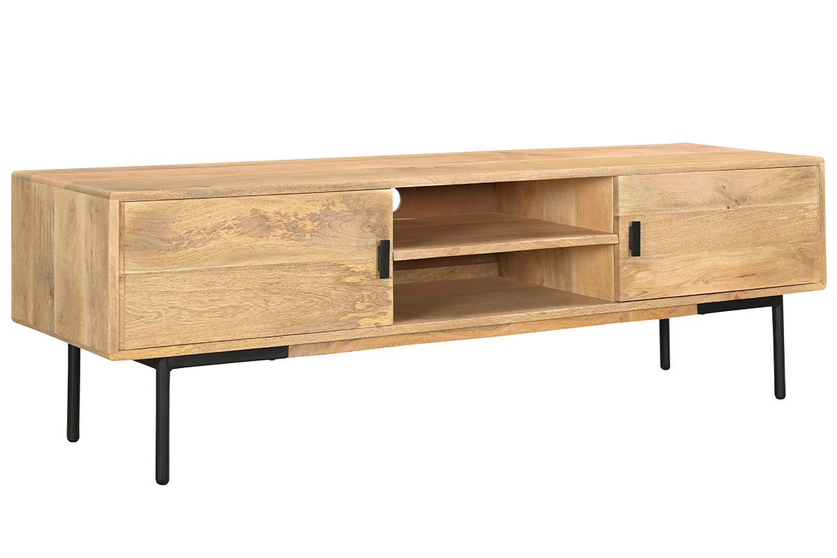 TV-Mbel aus hellem massivem Mangoholz und schwarzem Metall B165 cm JUDE