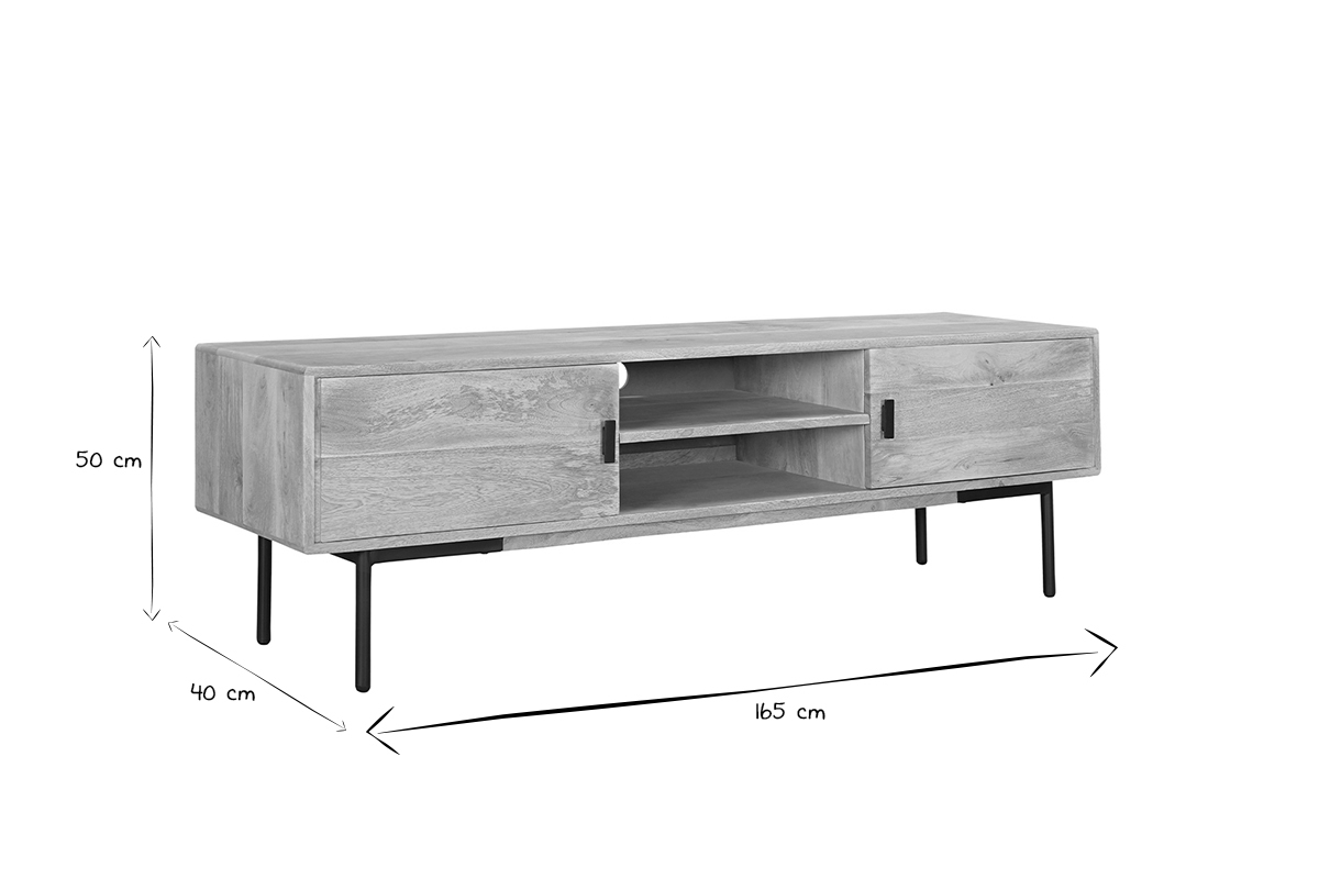 TV-Mbel aus hellem massivem Mangoholz und schwarzem Metall B165 cm JUDE
