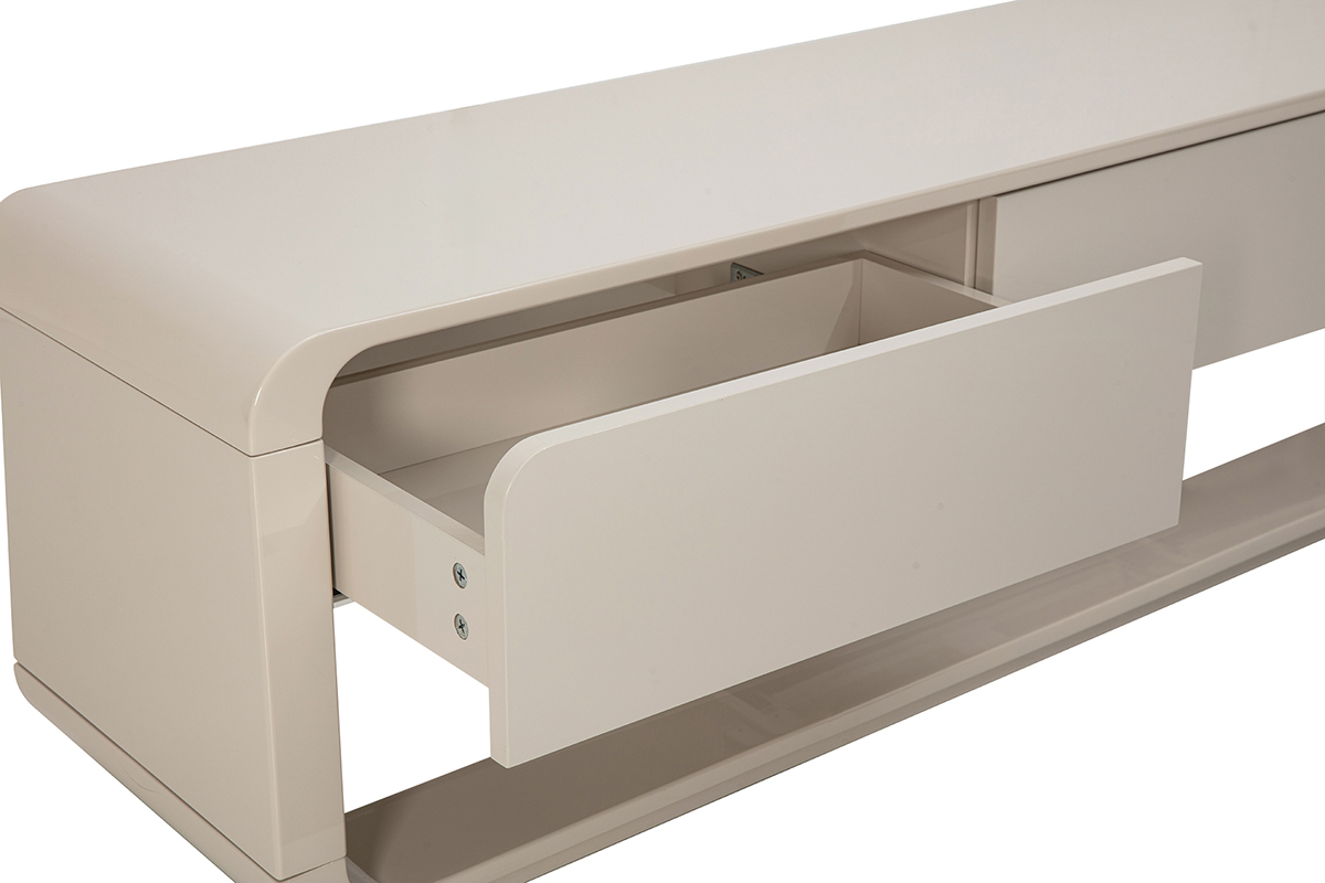 Beiges gl�nzendes Fernsehm�bel mit offener Schublade, Seitenansicht.