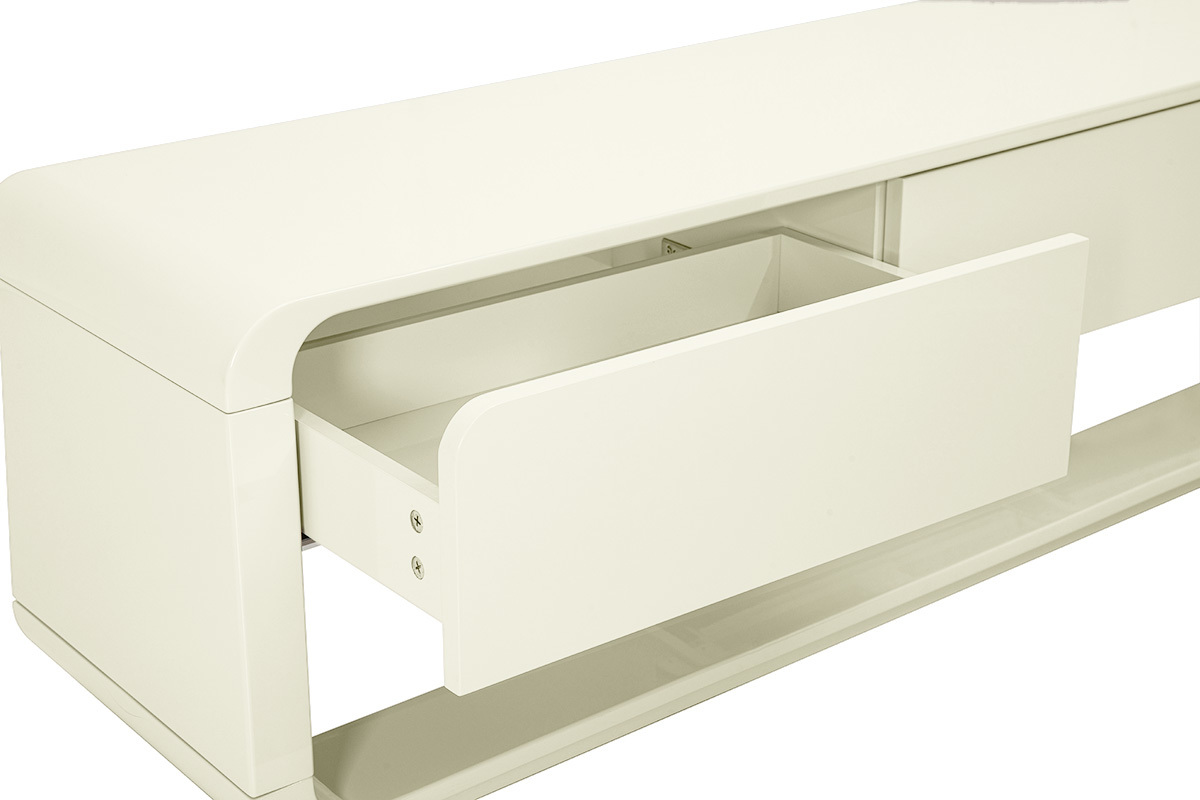 Beige gl�nzendes TV-M�bel, eine offene Schublade, Zoomansicht.