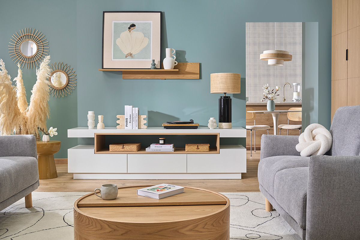 TV-M�bel Design wei� und Holz L200 cm LIVO