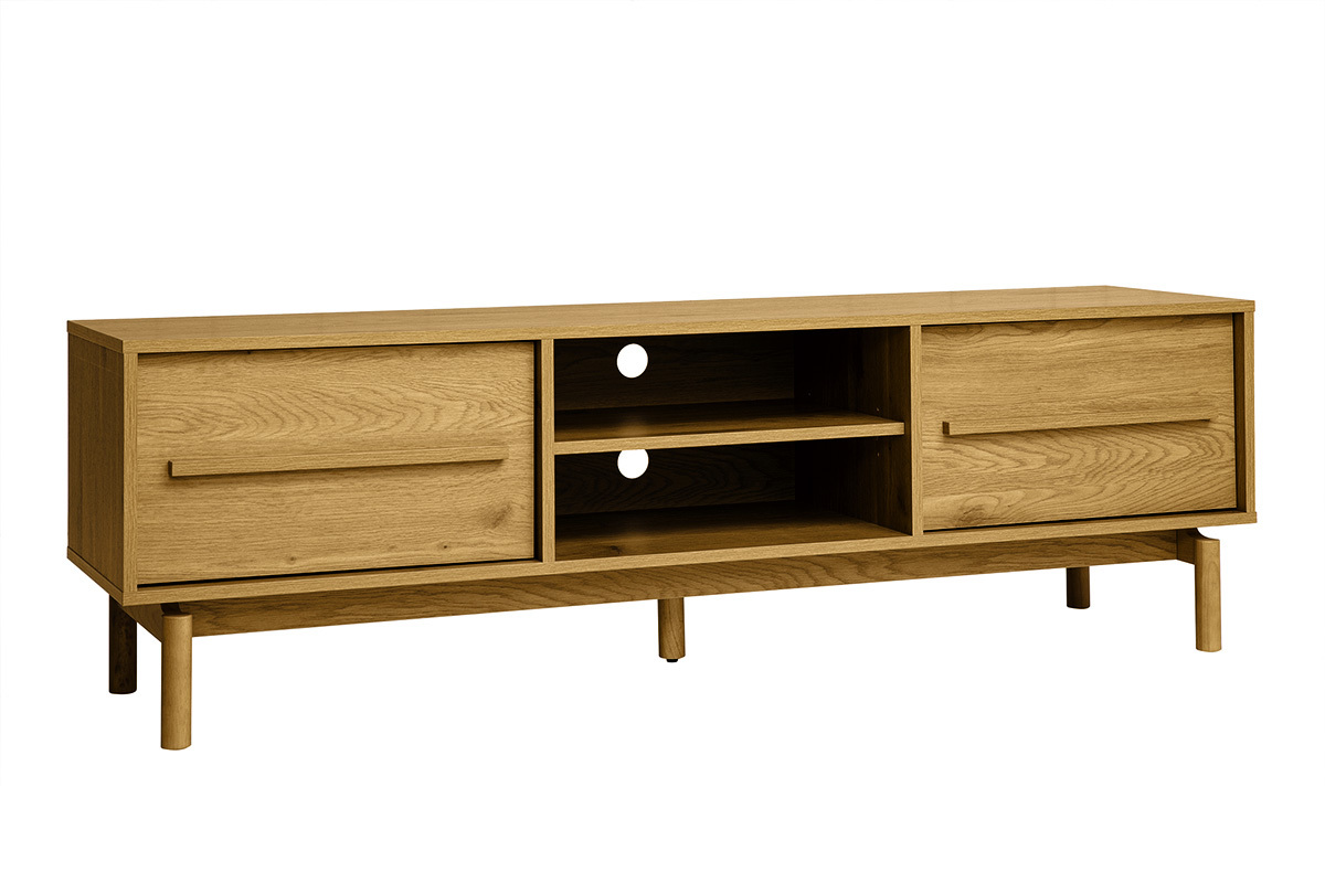 TV-M�bel aus Eichenholz L160 cm YSEULT mit zwei Schr�nken und zentralen Nischen, 3/4-Ansicht.