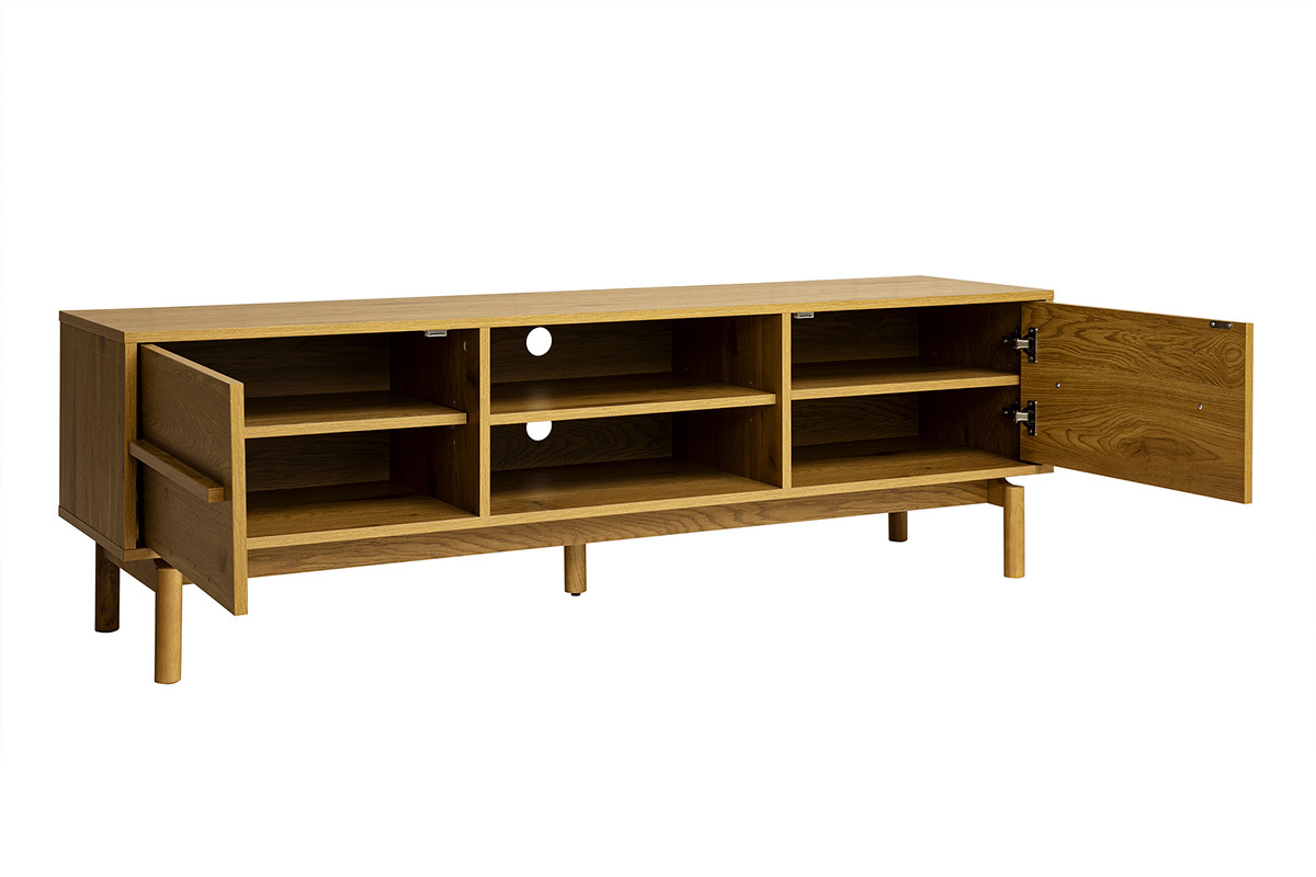 TV-M�bel aus Eichenholz, L160 cm, mit Stauraum, 3/4-Ansicht, links ge�ffnete T�r.