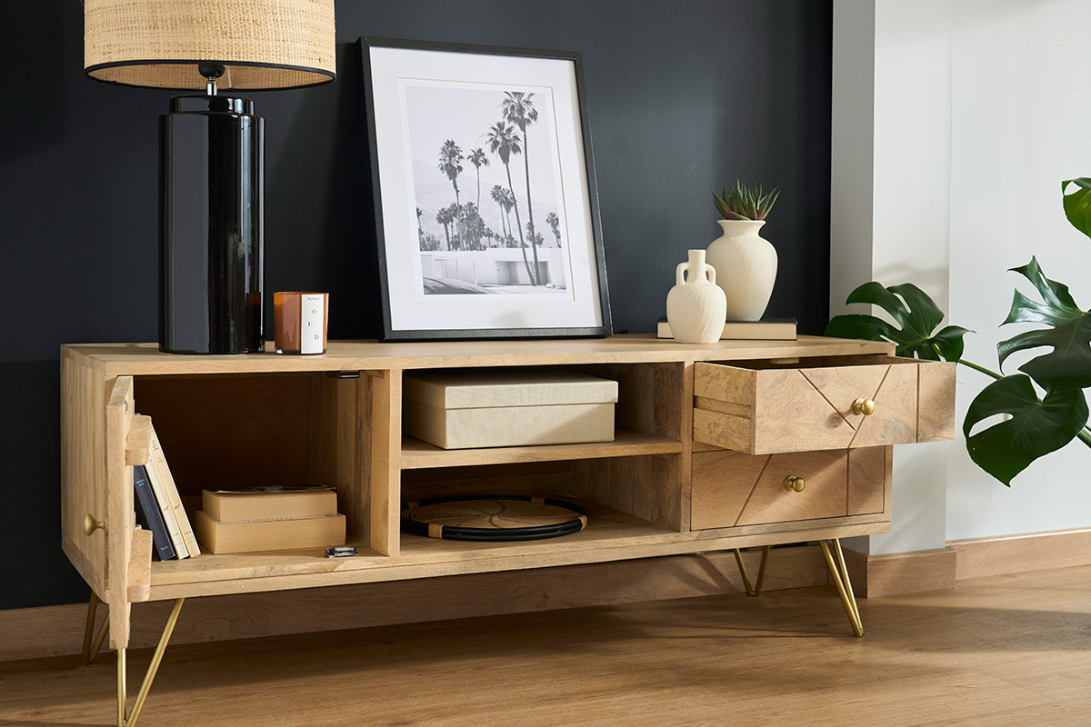 TV-Mbel graviert aus Mangoholz und Metall LINIUM