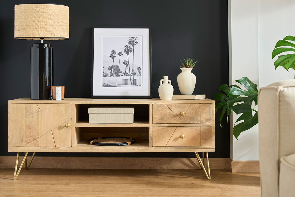 TV-Mbel graviert aus Mangoholz und Metall LINIUM