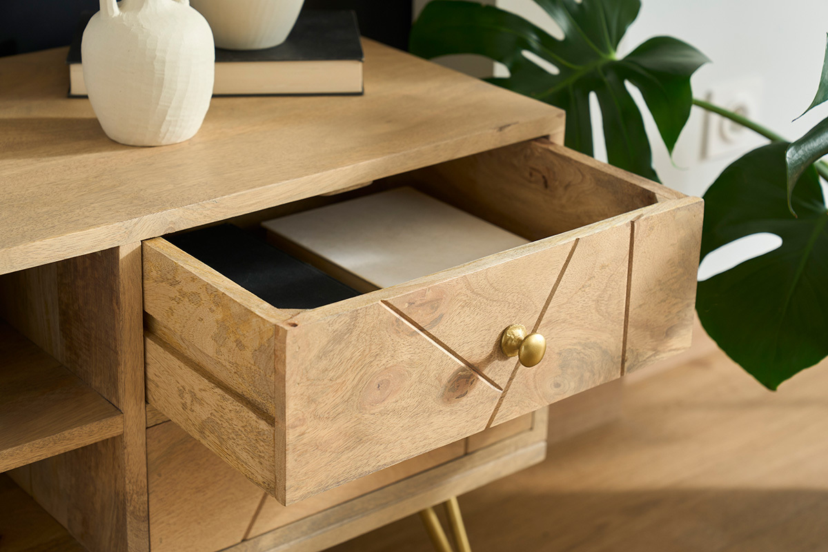 TV-Mbel graviert aus Mangoholz und Metall LINIUM