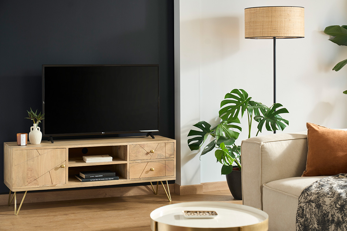 TV-Mbel graviert aus Mangoholz und Metall LINIUM