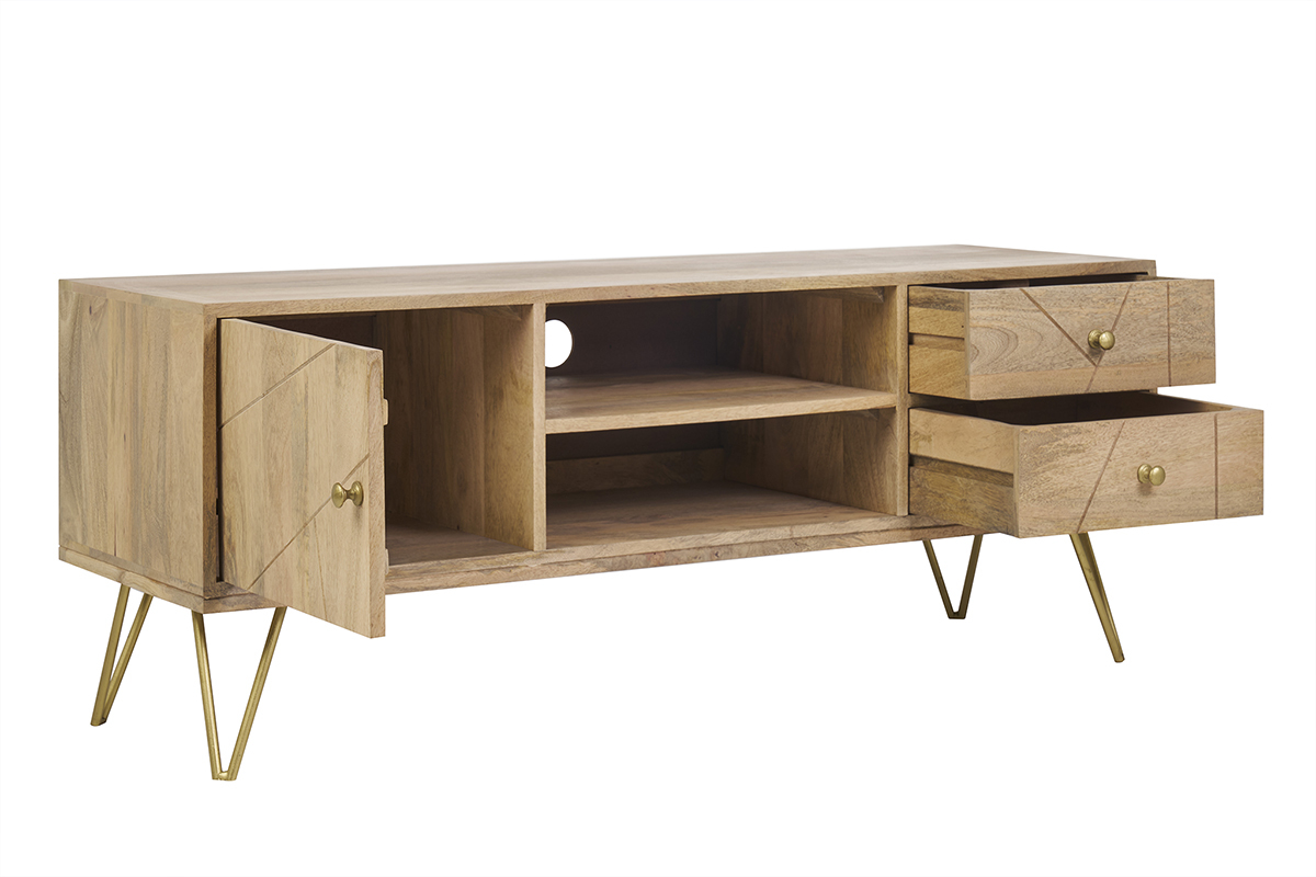 TV-Mbel graviert aus Mangoholz und Metall LINIUM