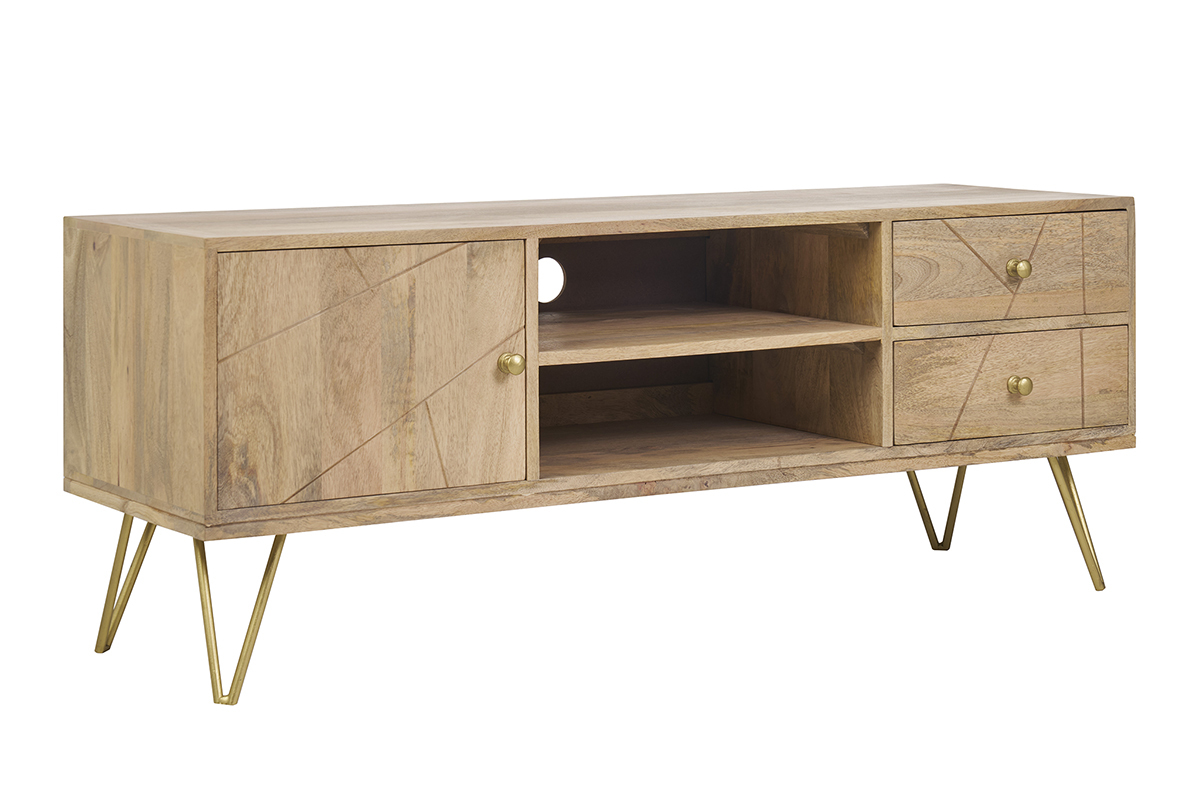 TV-Mbel graviert aus Mangoholz und Metall LINIUM
