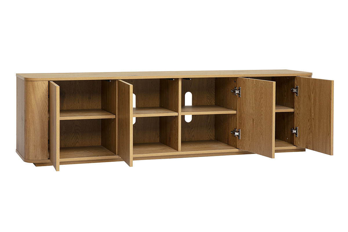 TV-M�bel aus hellem Holz Eiche mit 4 T�ren, Ansicht aus 3/4, sichtbare Stauf�cher.