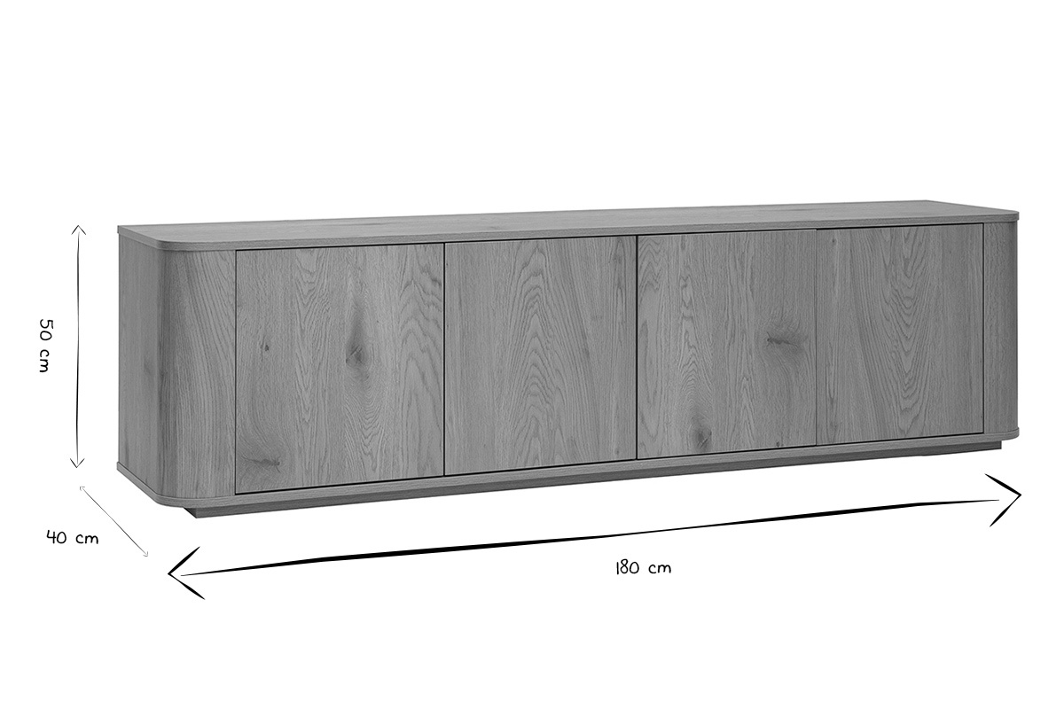 Abmessungen des TV-M�bels NEGAN: 180 cm lang, 50 cm hoch und 40 cm tief in Schwarz und Wei�.