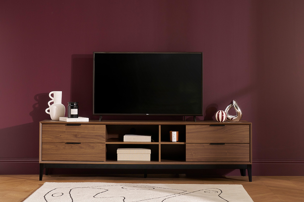 TV-Mbel im Vintage-Stil aus dunklem Walnussfurnier und schwarzem Metall mit Stauraum B180 cm SARTO