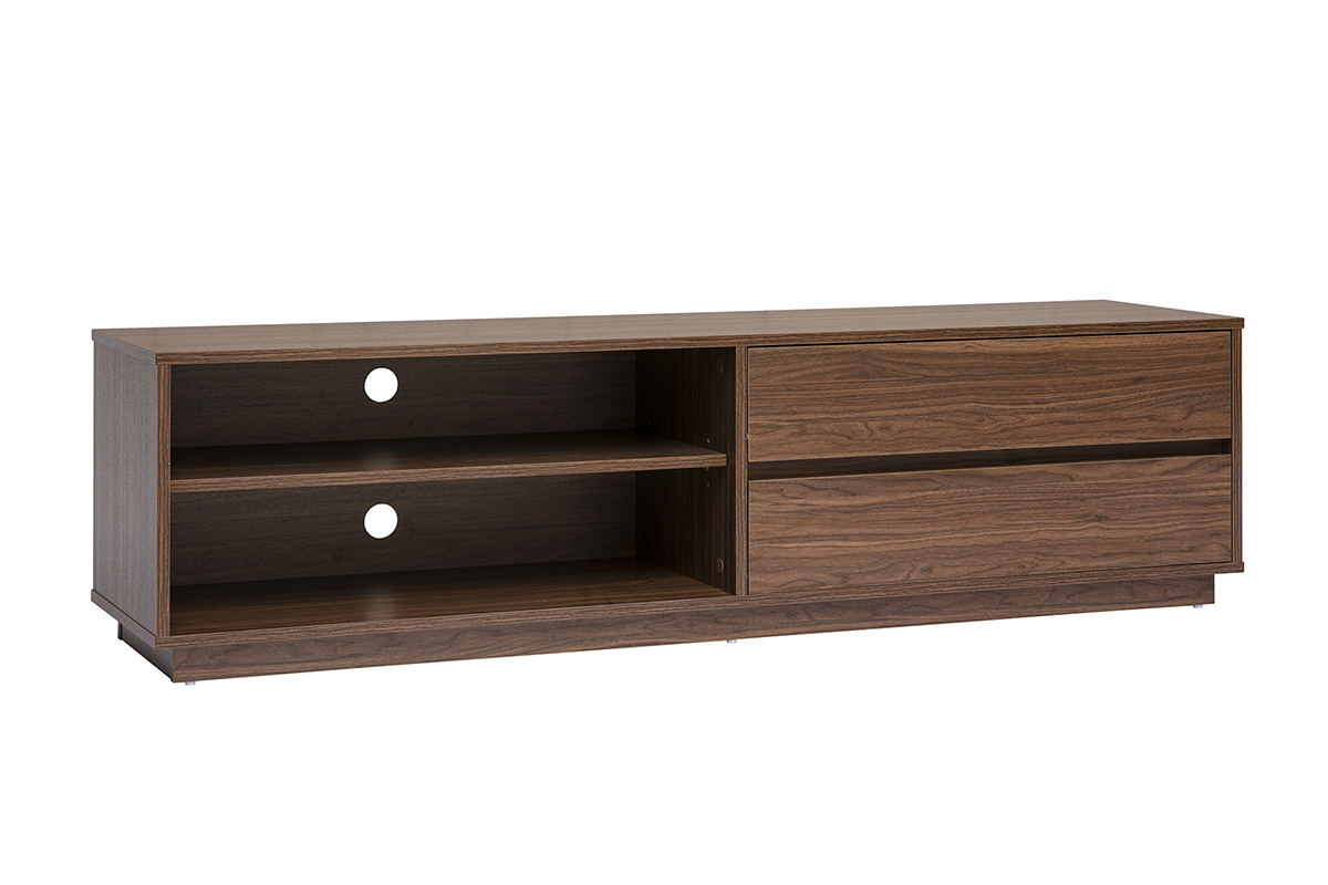 Dunkles Walnussholz TV-M�bel mit zwei Schubladen und zwei offenen F�chern, Ansicht von 3/4.
