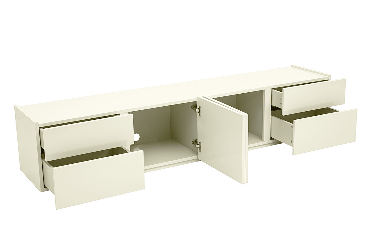 Beiges, gl�nzend lackiertes TV-M�bel mit offenen Schubladen und T�ren, Ansicht von der Seite.