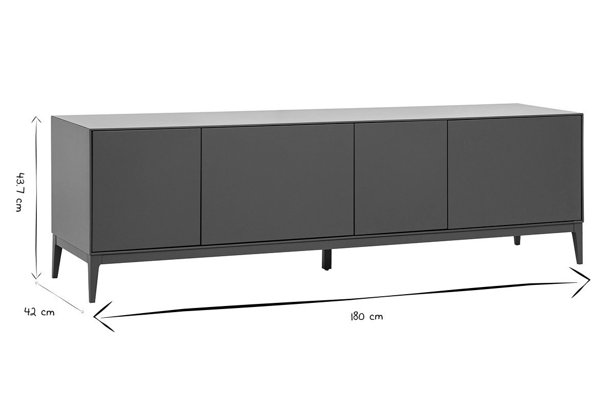 Abmessungen des Designer-TV-M�bels in Grau lackiert: L180 cm, H43,7 cm, T42 cm in Schwarz und Wei�.