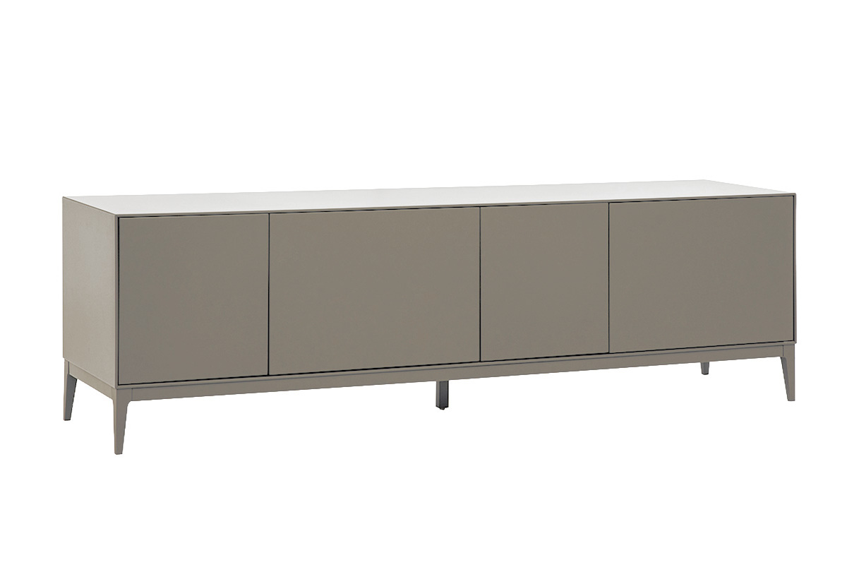 Design-TV-M�bel in mattem grauem Lack mit Stauraum, in 3/4-Ansicht.