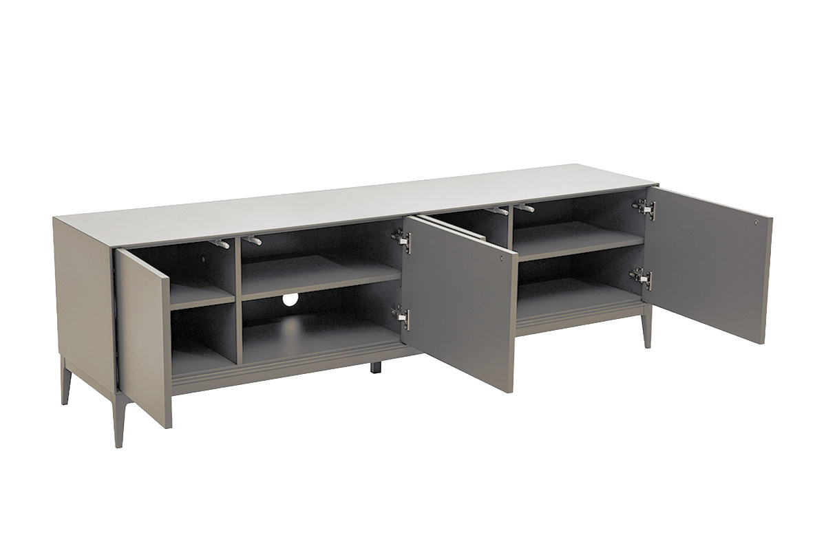 Design-TV-M�bel in mattem Lackgrau mit vier F�chern, 3/4-Ansicht.