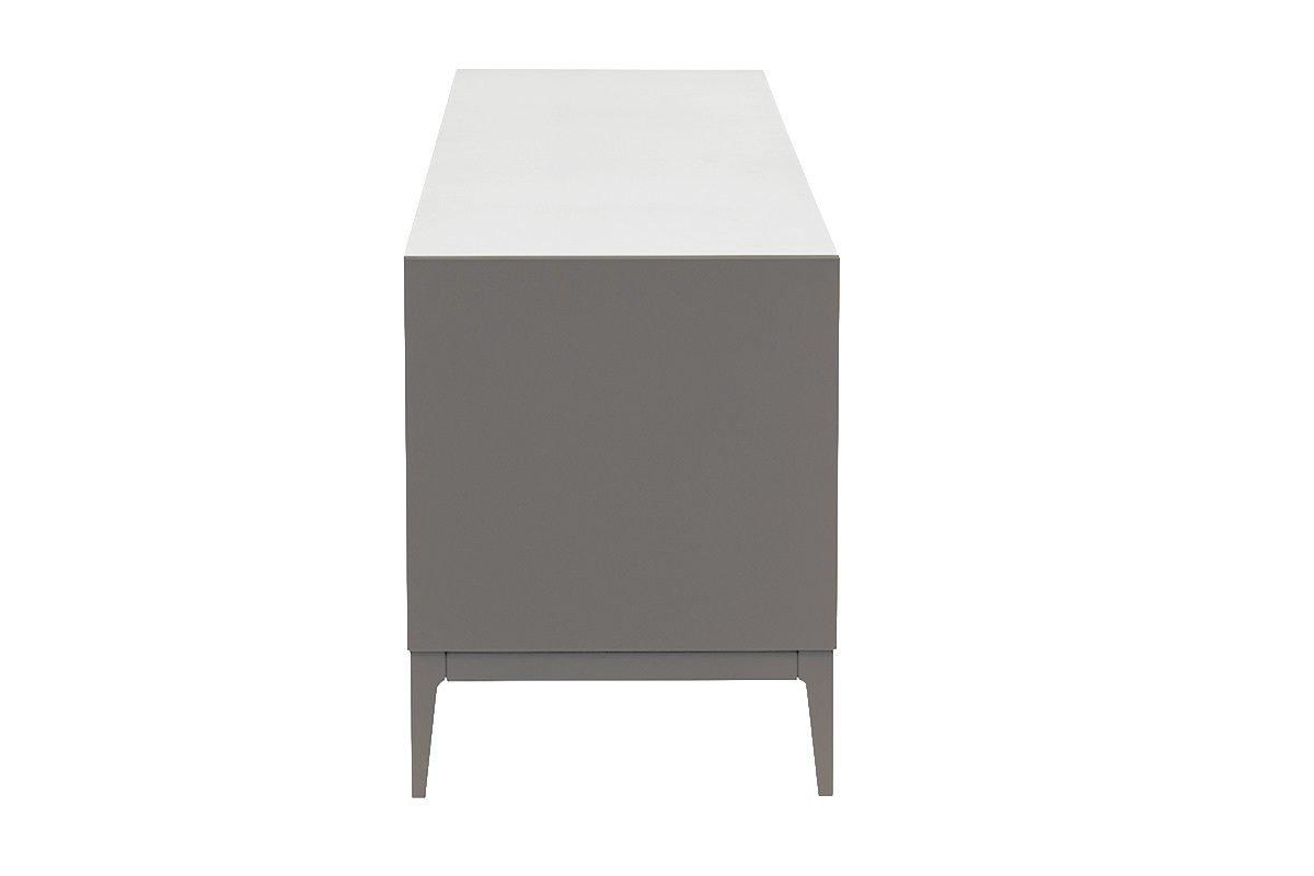 TV-M�bel im Design, matt grau lackiert, Seitenansicht, mit Beinen aus Massivholz.