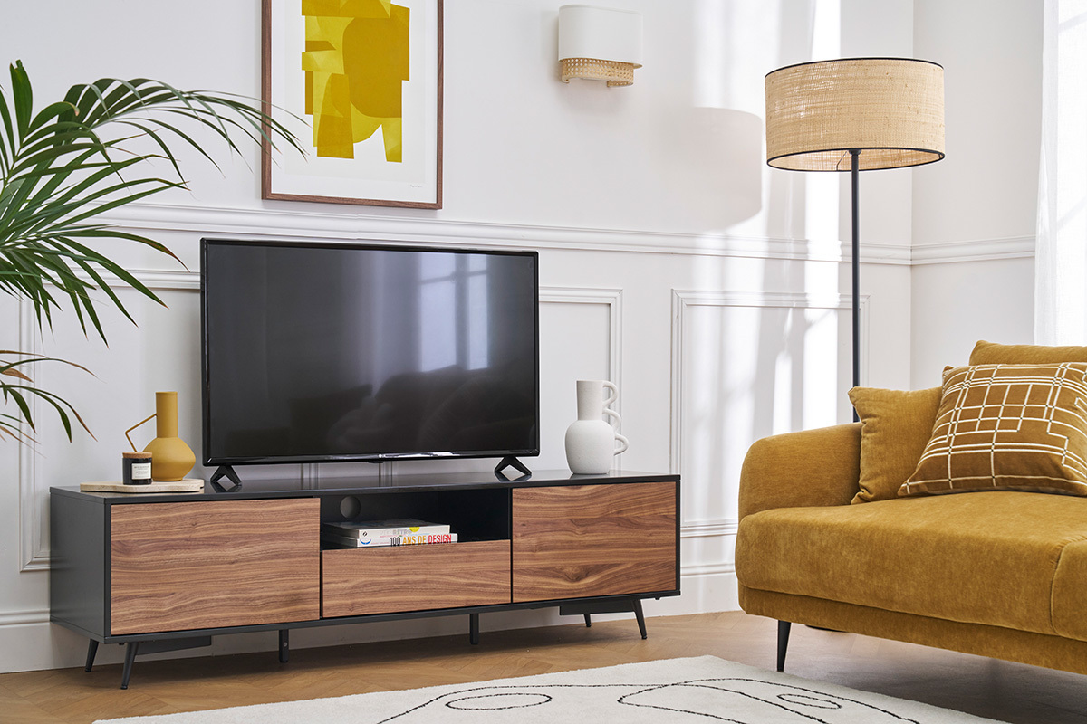 TV-Mbel mattschwarz Walnussfurnier mit 2 Tren und 1 Schublade B160 cm MERMOZ