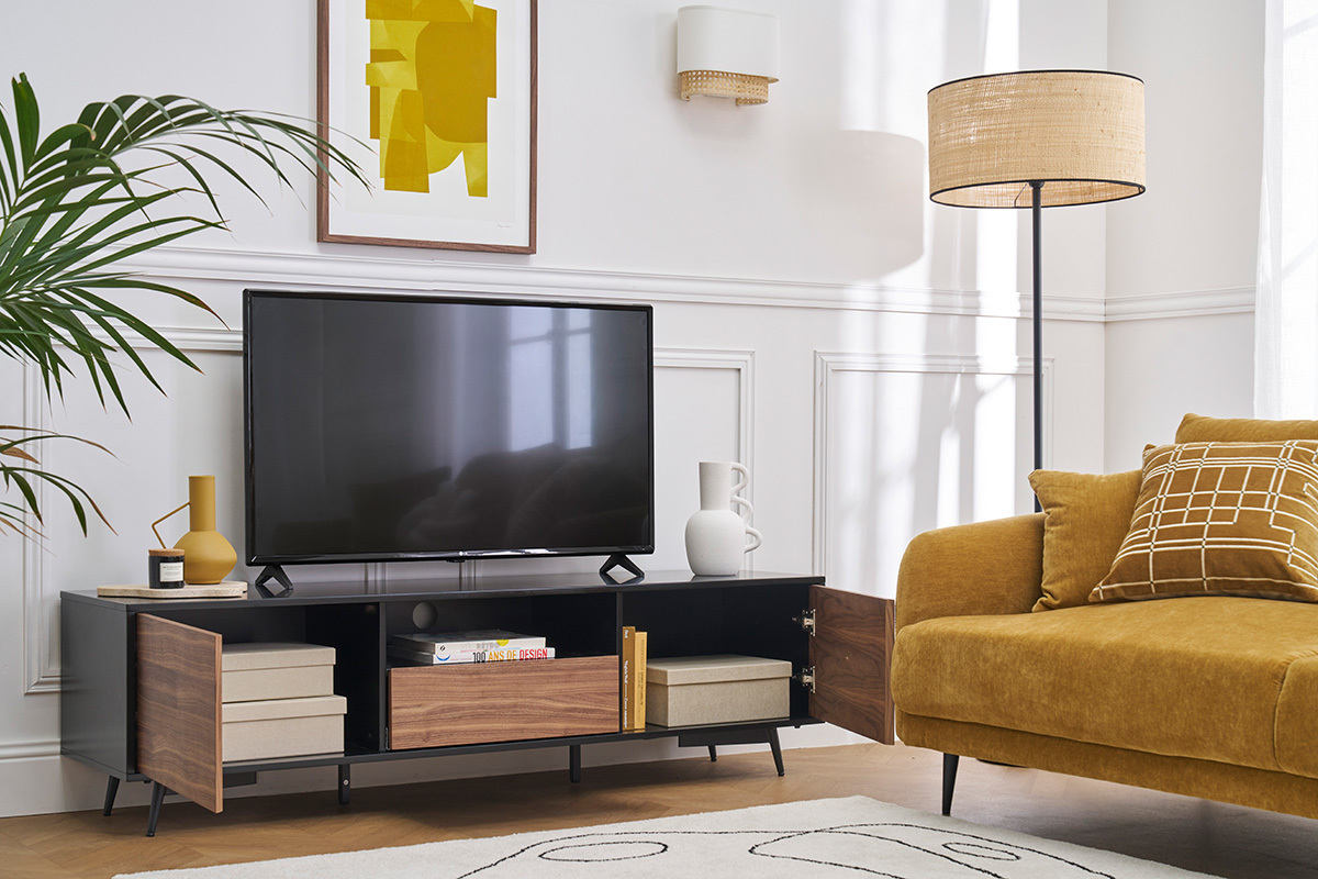 TV-Mbel mattschwarz Walnussfurnier mit 2 Tren und 1 Schublade B160 cm MERMOZ