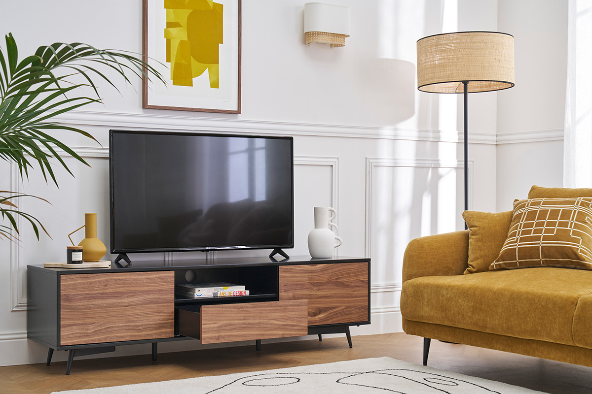 TV-Mbel mattschwarz Walnussfurnier mit 2 Tren und 1 Schublade B160 cm MERMOZ