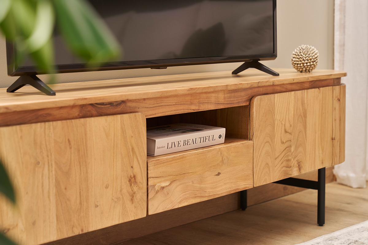 TV-Mbel mit Ablagefchern aus Massivholz und schwarzem Metall B160 cm NAPOLI