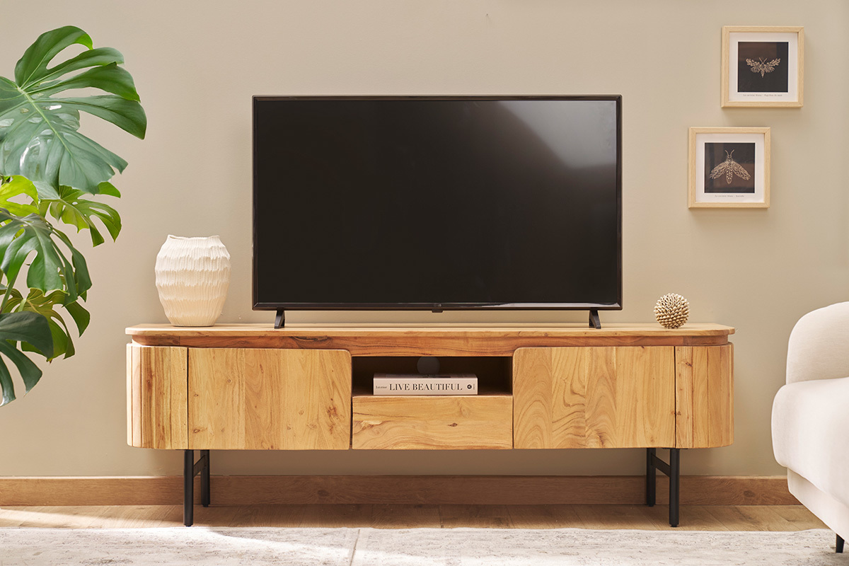 TV-Mbel mit Ablagefchern aus Massivholz und schwarzem Metall B160 cm NAPOLI
