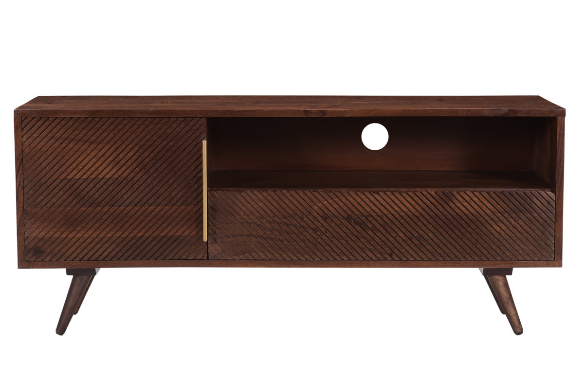 TV-Mbel mit gravierter Tr und Schublade aus massivem Mangoholz L120 cm REKHA