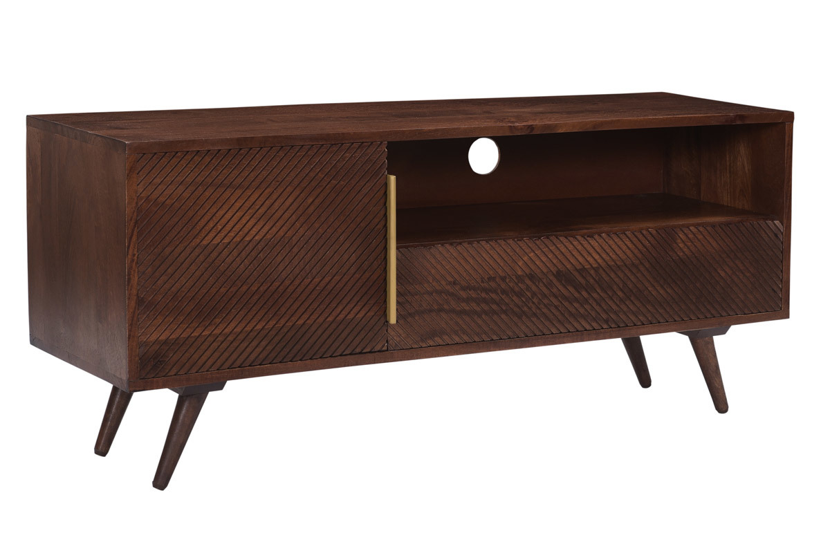 TV-Mbel mit gravierter Tr und Schublade aus massivem Mangoholz L120 cm REKHA