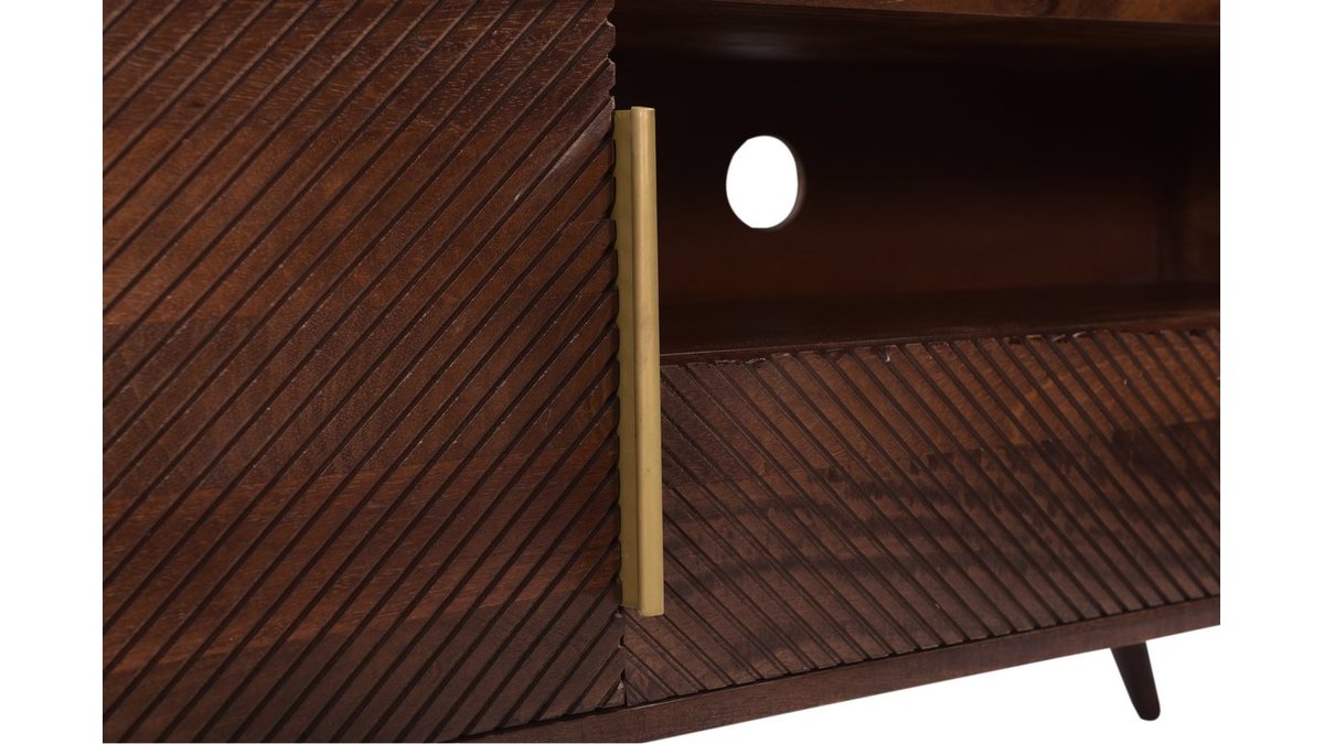 TV-Möbel mit gravierter Tür und Schublade aus massivem Mangoholz L120 cm REKHA