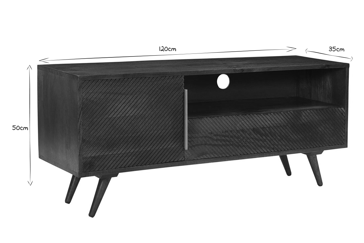 TV-Mbel mit gravierter Tr und Schublade aus massivem Mangoholz L120 cm REKHA