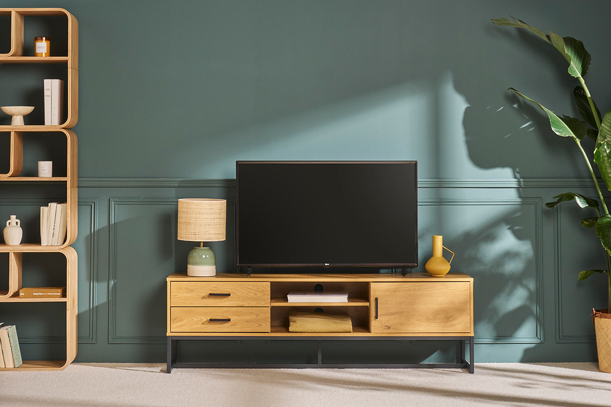 TV-Mbel mit hellem Holzdekor in Eiche und schwarzem Metall B160 cm LOVATO
