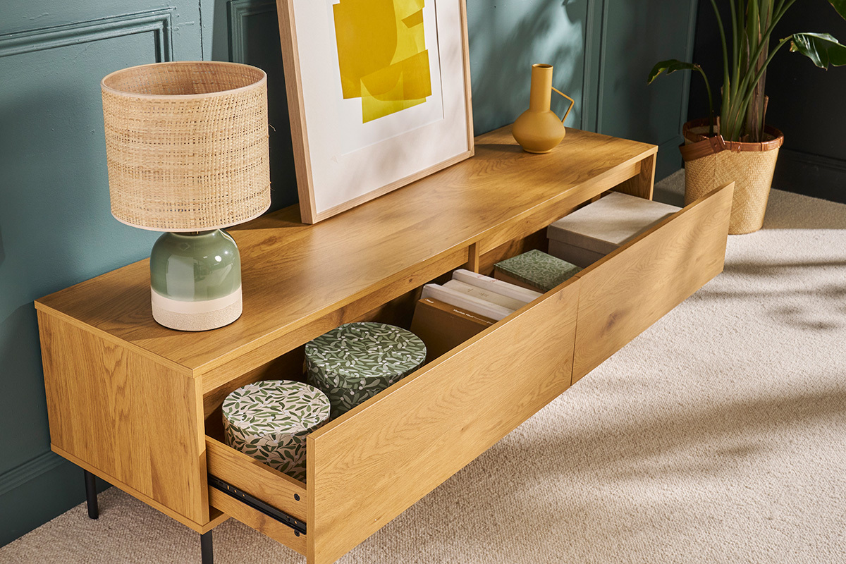 TV-Mbel mit hellem Holzfinish in Eiche 2 Schubladen L160 cm ARAGON