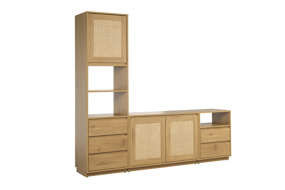 Helles Holzm�bel f�r Fernseher mit Rattangeflecht, Ansicht aus 3/4 Perspektive.