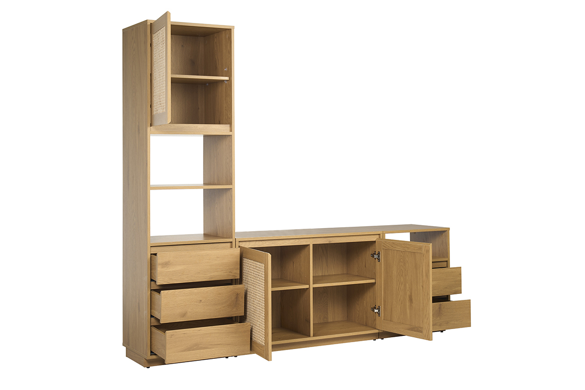 Helles Holzm�bel f�r Fernseher mit offenen T�ren und herausgezogenen Schubladen, Seitenansicht.