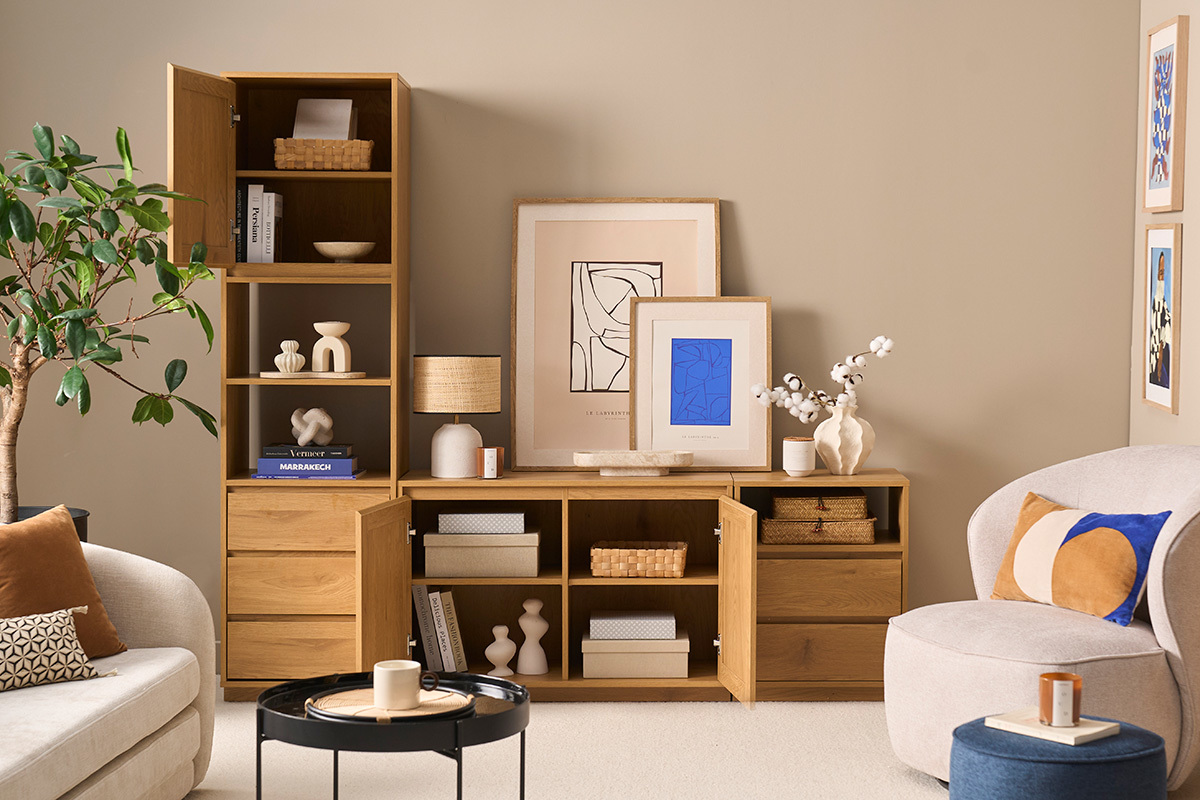 TV-M�bel mit heller Eichenholz-Finish und Rattangeflecht L196 cm SEVILLE