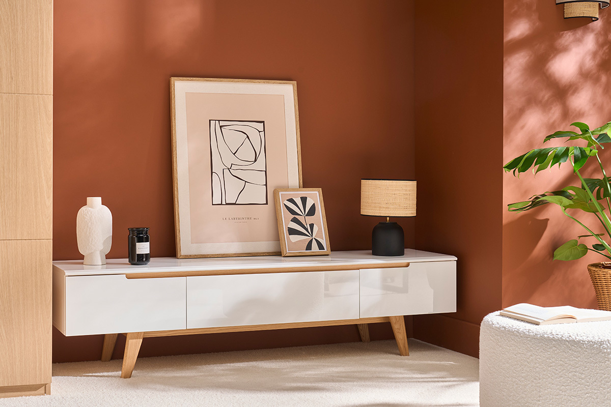 TV-Mbel Skandinavienstil Wei glnzend und Esche 180 cm MELKA