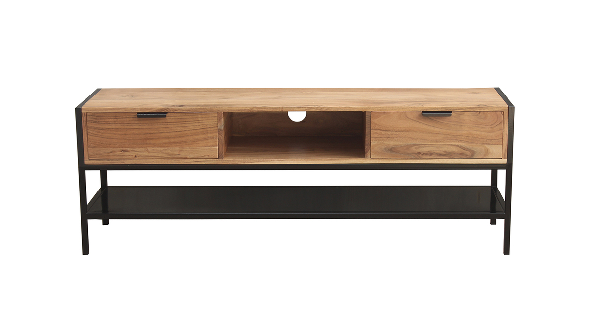 TV-Schrank Akazie und schwarzes Metall 2 Schubladen B 140 cm ARTHUS