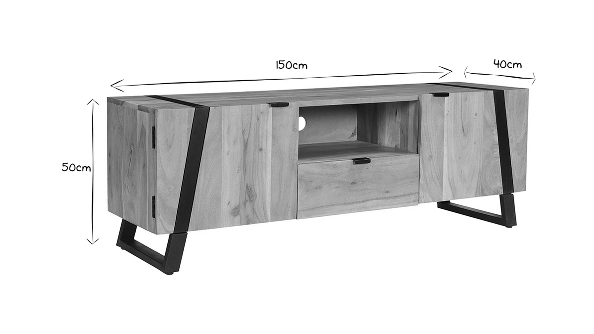 TV-Schrank aus massivem Akazienholz und schwarzem Metall B 150 cm ALVARO