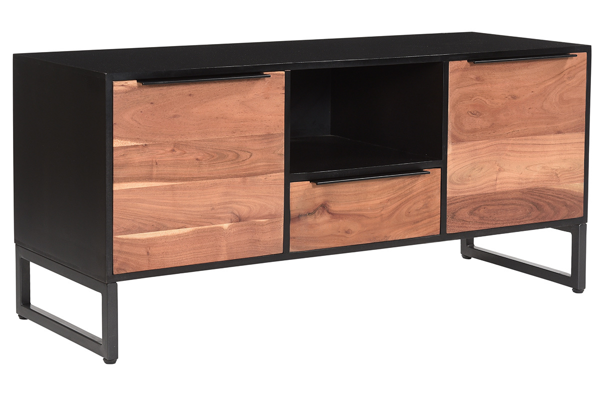 TV-Schrank mit Ablagemglichkeiten aus Akazie und Metall B 130 cm BARNEY