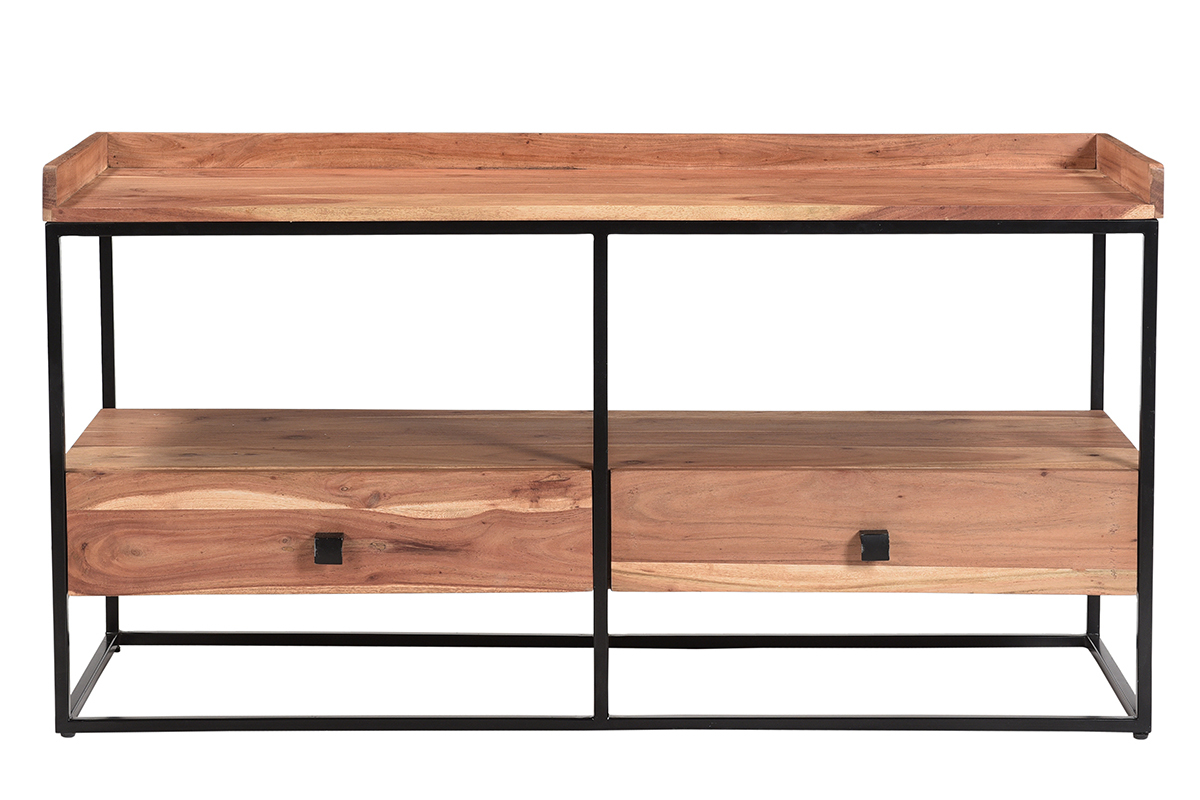 TV-Schrank mit Schubladen aus Akazienholz und schwarzem Metall B115 cm HERMANN