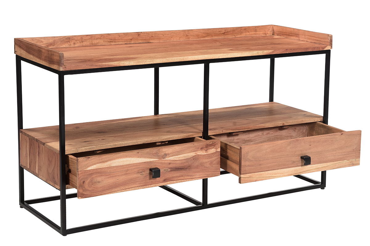 TV-Schrank mit Schubladen aus Akazienholz und schwarzem Metall B115 cm HERMANN
