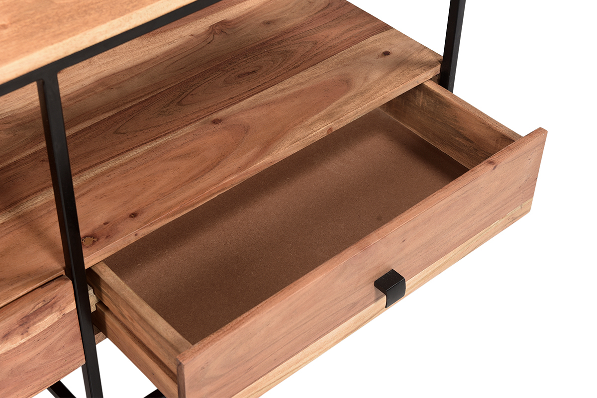 TV-Schrank mit Schubladen aus Akazienholz und schwarzem Metall B115 cm HERMANN
