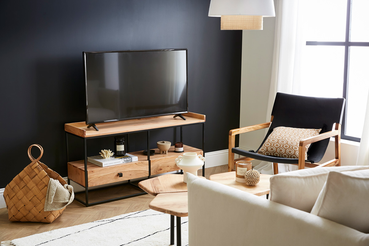 TV-Schrank mit Schubladen aus Akazienholz und schwarzem Metall B115 cm HERMANN