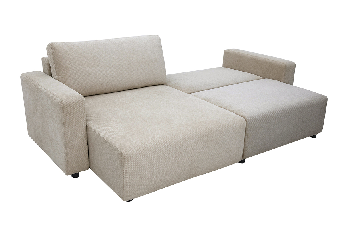 Umwandelbares, reversibles beiges Ecksofa aus Chenille-Stoff, 3/4-Ansicht, zeitgen�ssisches Design.