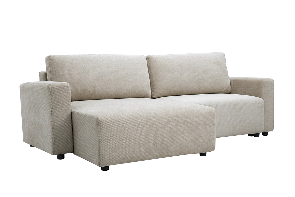 Wendbares, ausziehbares Ecksofa aus beigefarbenem Chenille-Stoff, 3/4-Ansicht