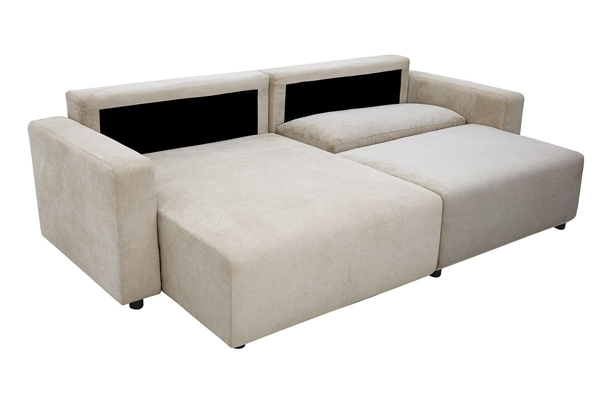 Reversibles beiges Eckschlafsofa NESTO, 3/4-Ansicht, mit integriertem Bettkasten.